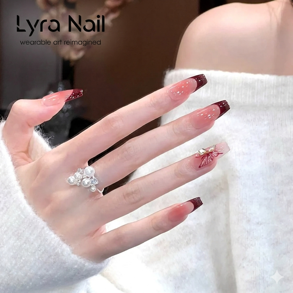 [CC-015]Burgundy French Tip Press On Nails|Long Coffin Pink Ombre Fake Nails with 3D Butterfly & Rhinestone Details|Reusable Handmade Acrylic Nail Patches for Elegant Evening & Daily Wear
