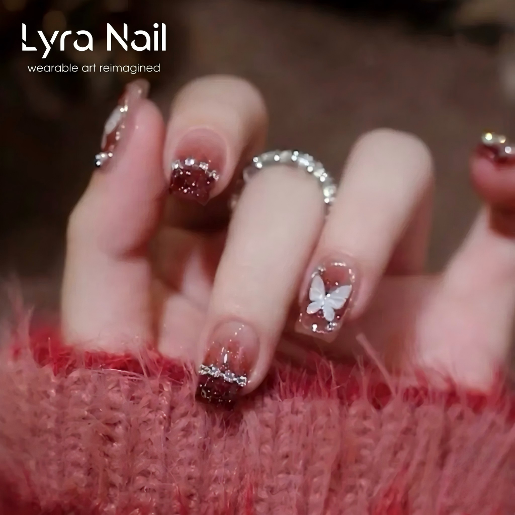 [CC-007]3D Butterfly Red Brown Gradient Press On Nails with Rhinestones| Reusable Acrylic Fake Nails for Women