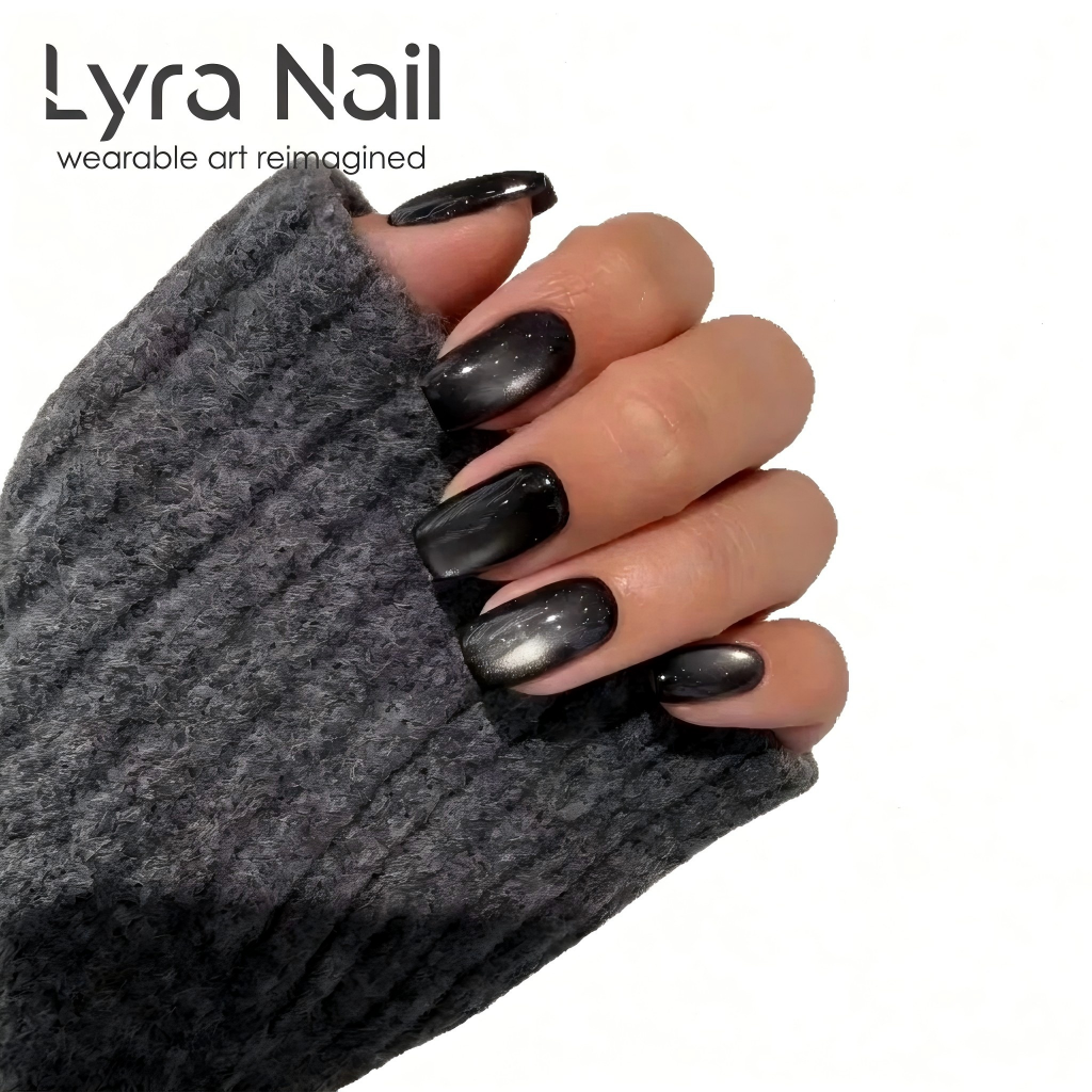 [CC-013]Luxury Black Cat Eye Press On Nails| Short Square Glitter Magnetic Nail Patches|Reusable Acrylic Fake Nails for Fall Winter|Salon-Quality Detachable Manicure
