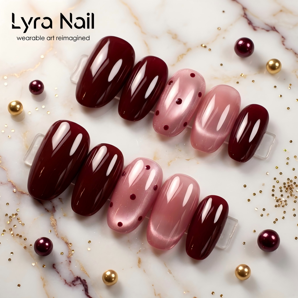 [CC-017]Reusable Cat Eye Press On Nails| Brown & Pink Glossy Fake Nails with Dots