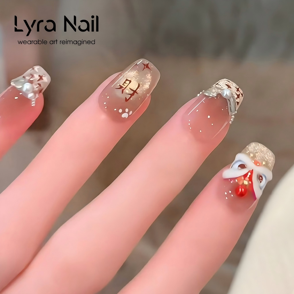 [CC-006]2026 New Year Lion Dance Press On Nails| Handmade French Cat Eye Fake Nails for Autumn Winter| Whitening Glazed Nail Art