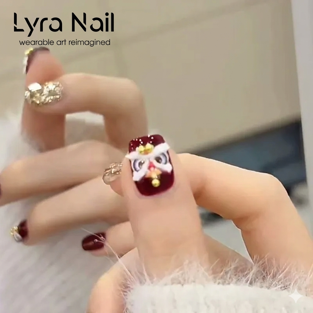 [CC-005]2026 New Handmade Lion Dance Red Chinese New Year Press On Nails | Luxury Traditional Chinese Style Removable Reusable False Nails