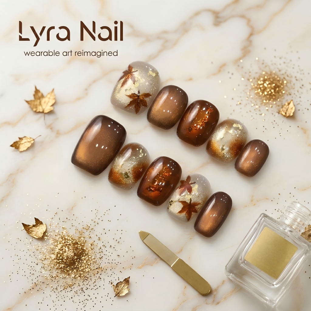 [CC-011]Handmade Fall Maple Leaf Cat Eye Press-On Nails | Luxury Caramel Ombre Glass Bead Nails| Reusable Autumn Wearable Art for Daily & Holiday