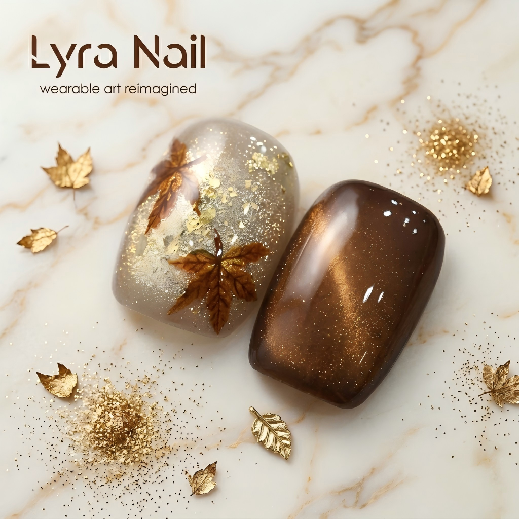[CC-011]Handmade Fall Maple Leaf Cat Eye Press-On Nails | Luxury Caramel Ombre Glass Bead Nails| Reusable Autumn Wearable Art for Daily & Holiday