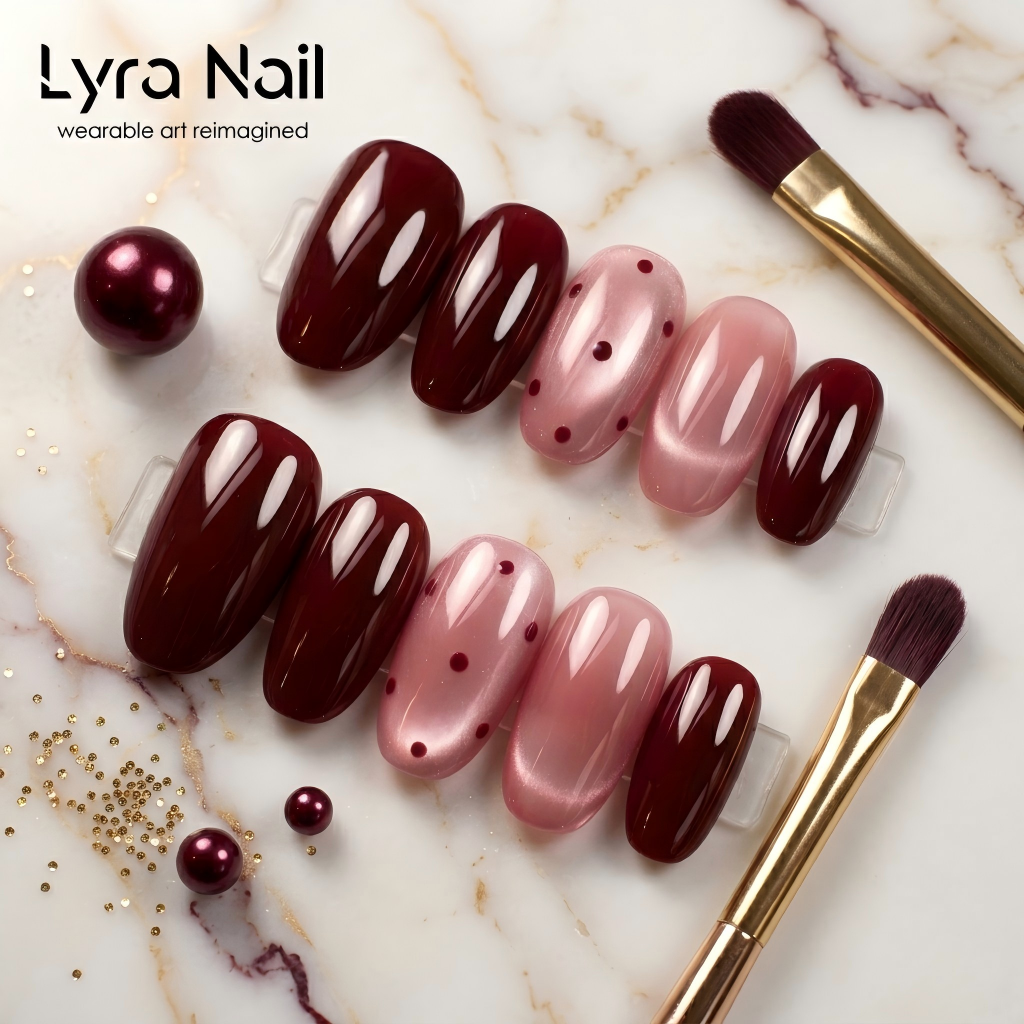 [CC-017]Reusable Cat Eye Press On Nails| Brown & Pink Glossy Fake Nails with Dots