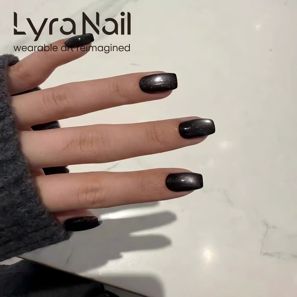 [CC-013]Luxury Black Cat Eye Press On Nails| Short Square Glitter Magnetic Nail Patches|Reusable Acrylic Fake Nails for Fall Winter|Salon-Quality Detachable Manicure