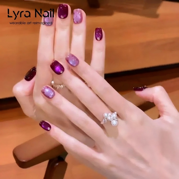 [CC-019]2026 New Arrival Short Purple Glass Bead Cat Eye Press On Nails| Handmade Reusable Glue-On Nail Tips| Luxury Glass Cat Eye Artificial Nails for Women