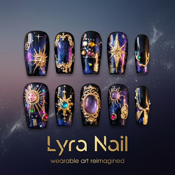 [AC-025]Twilight Cosmic Princess | Artisan Handmade Press On Nails | Radiant Galaxy Aurora with 3D Gold Foil Astrology Art | 30-Day Preorder Exclusive