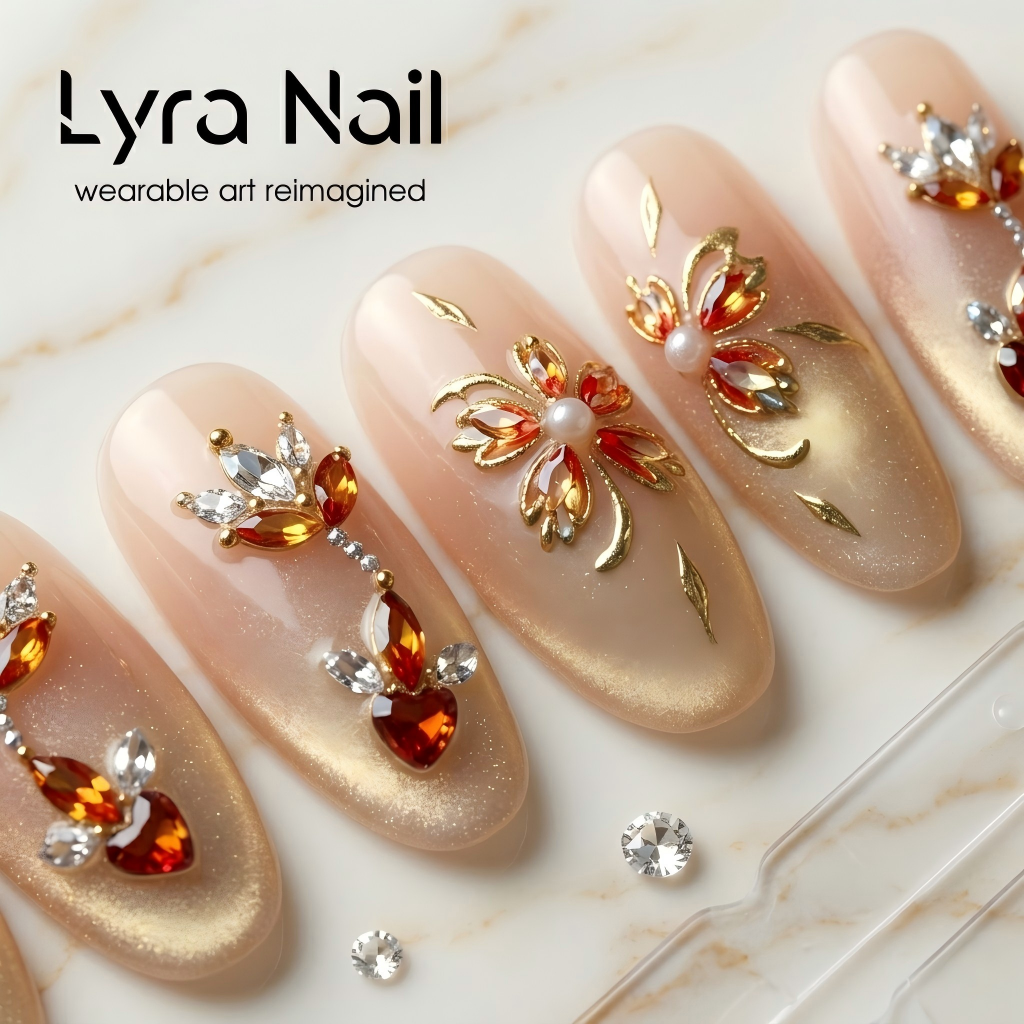 [CC-018]Luxe Gold Cat Eye Press On Nails| Long Almond Nude Nails with Red Gem Accents| Handmade Sparkling Diamond Almond Fake Nails|Reusable Acrylic Nail Patches for Elegant Occasions