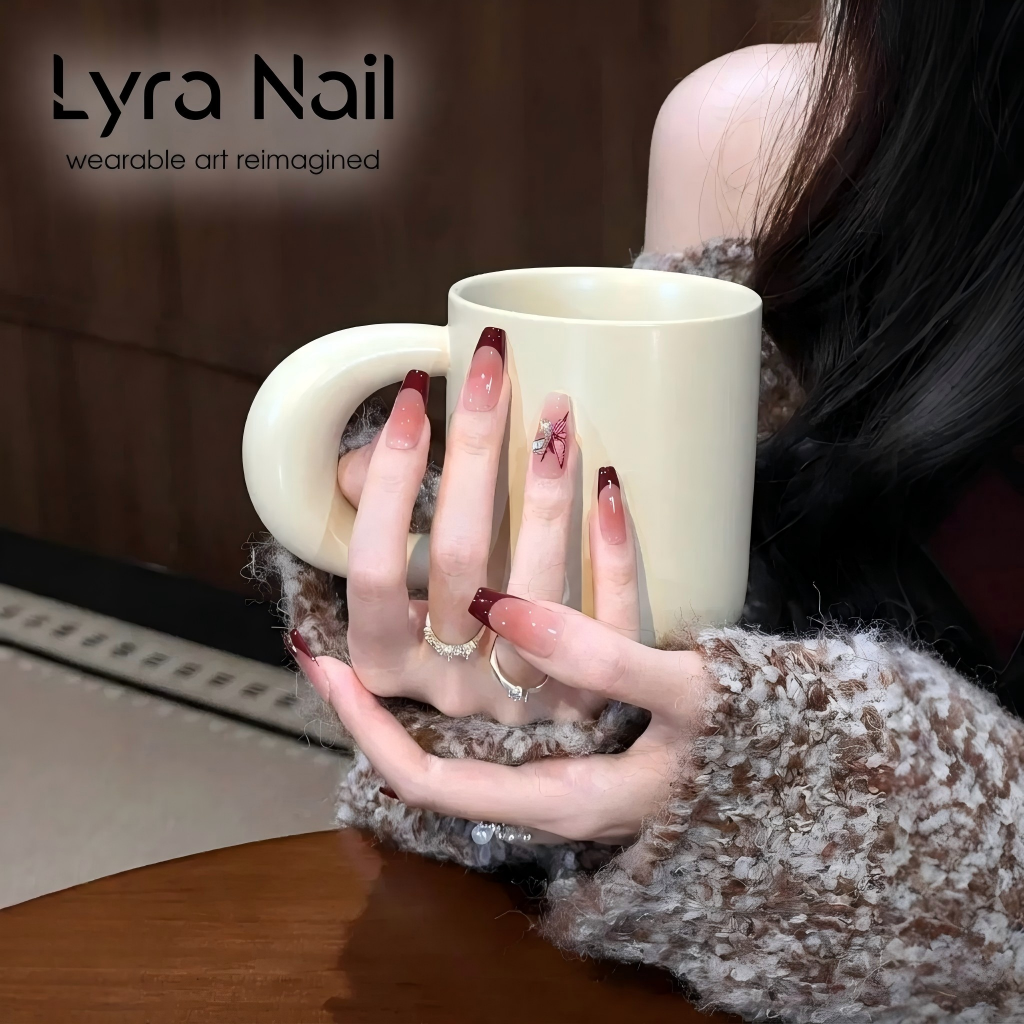 [CC-015]Burgundy French Tip Press On Nails|Long Coffin Pink Ombre Fake Nails with 3D Butterfly & Rhinestone Details|Reusable Handmade Acrylic Nail Patches for Elegant Evening & Daily Wear