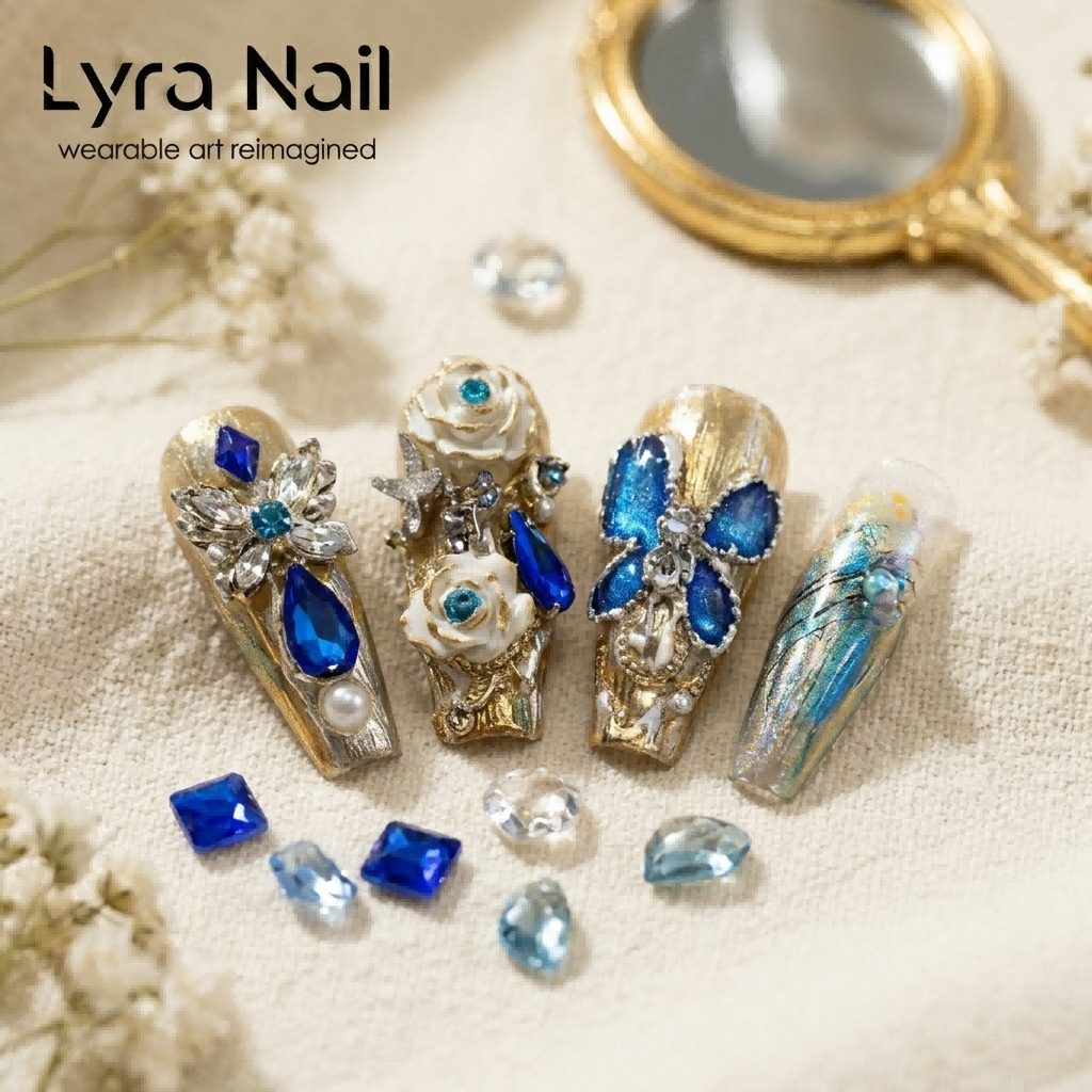 [AC-036]Bermuda Blue Fantasy | Artisan Handmade Press On Nails | Peacock Sapphire Butterfly Charms & White Rose Pearl Couture Coffin | Salon Quality, 7-10 Day Shipping