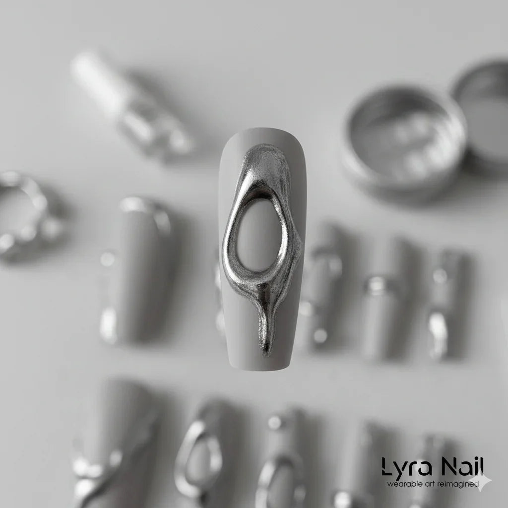 [AC-001]Dark Fluid | Artisan Handmade Press On Nails | Liquid Silver Metal on Marble Grey Base | Salon Quality, 7-10 Day Shipping