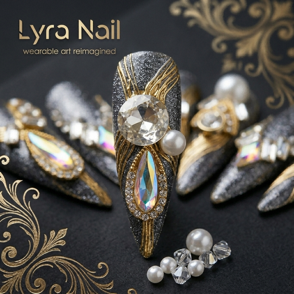 [AC-030]Gilded Persian | Artisan Handmade Press On Nails | Luxury High-End Jewelry Stiletto with Gold Inlay & Gemstones | Salon Quality, 7-10 Day Shipping