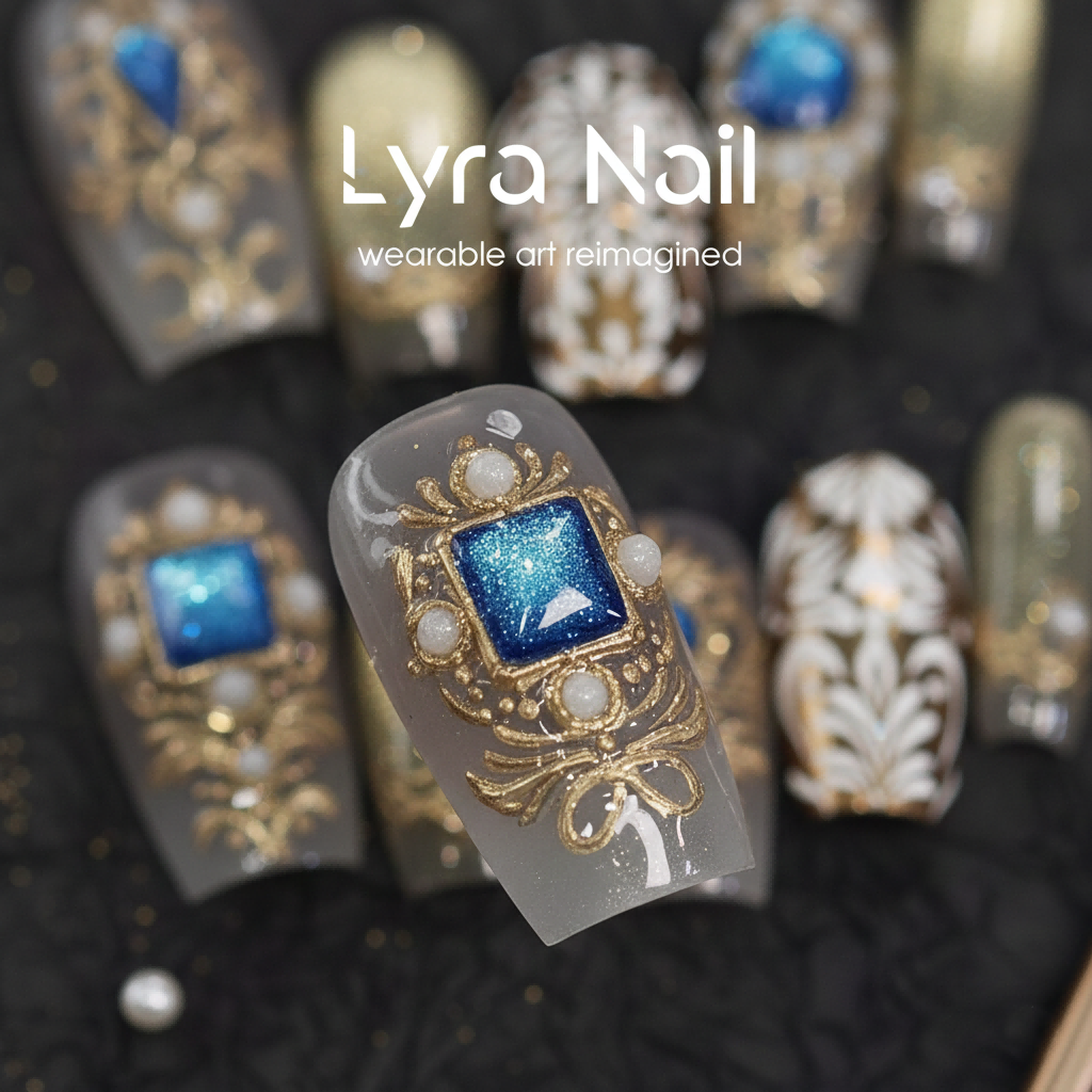 [AC-011]Persian Muse | Artisan Handmade Press On Nails | Royal Court Gold Totems with Blue Gemstone Accents & Bracelet Style Hand-Painted Art | Salon Quality, 7-10 Day Shipping
