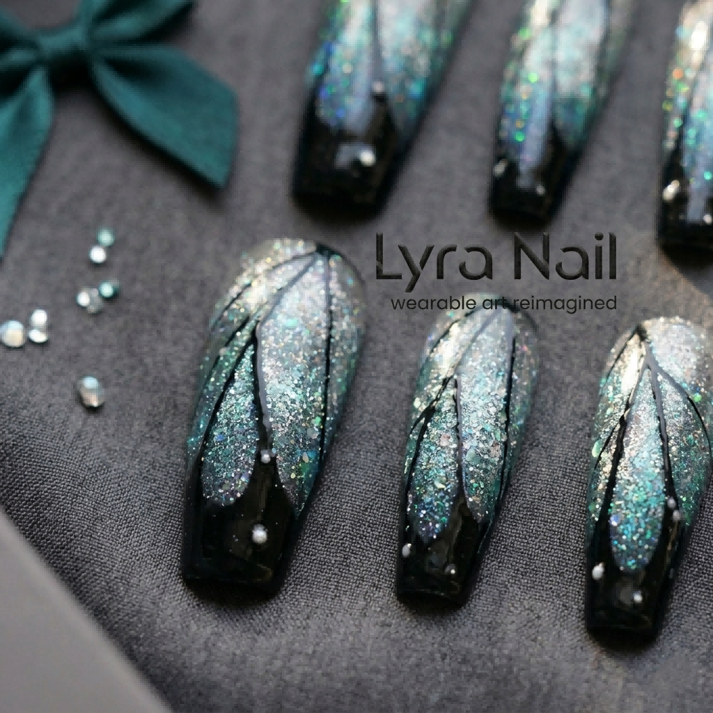 [AC-028]Ice Blue Wing | Artisan Handmade Press On Nails | Butterfly Silhouette Icy Cat-Eye Gradient Summer Coffin | Salon Quality, 7-10 Day Shipping