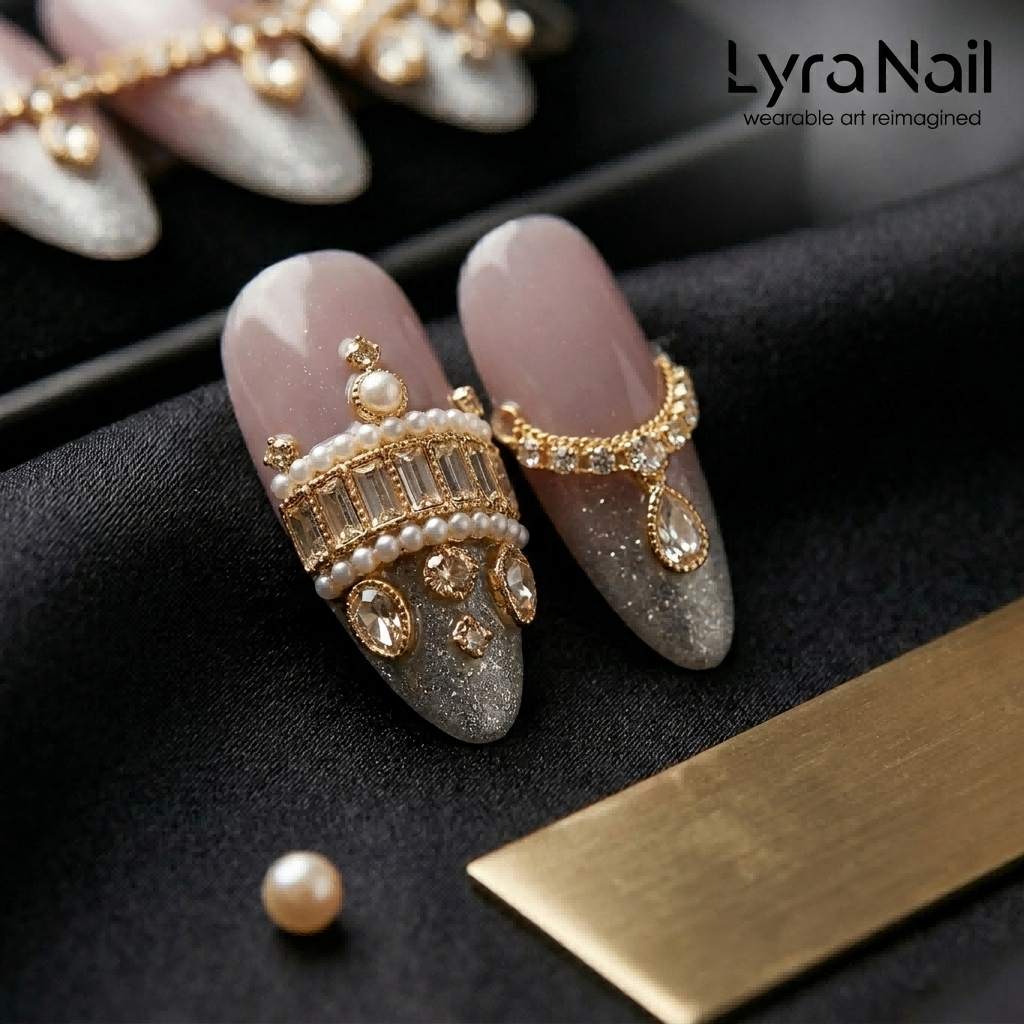 [AC-022]Noble Champagne | Artisan Handmade Press On Nails | Luxury Aquamarine & Gold Jewelry Extra-Long Almond | Salon Quality, 7-10 Day Shipping