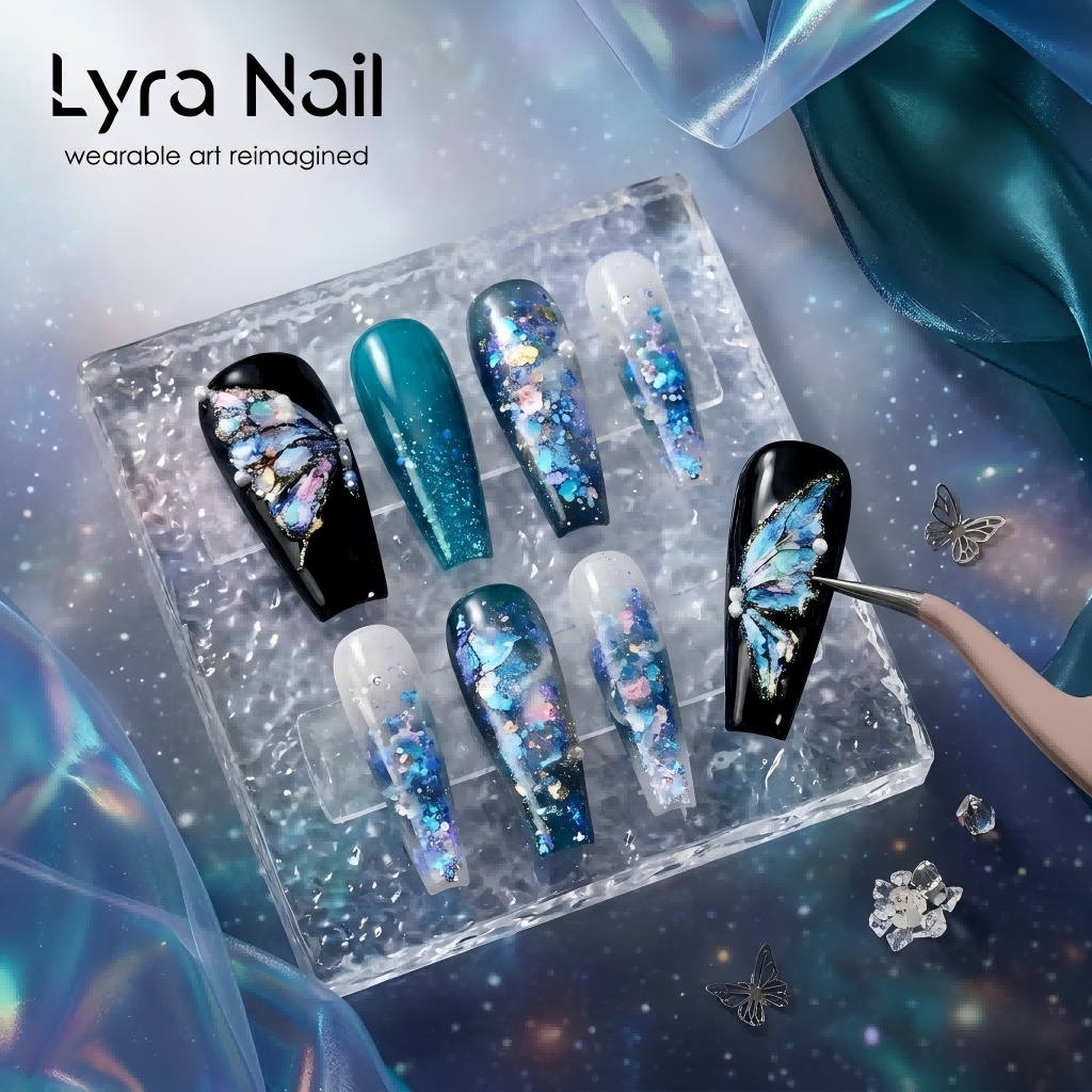 [AC-040]The Silent Butterfly | Artisan Handmade Press On Nails | Dark Galaxy Coffin with Hand-Painted Iridescent Wings | Salon Quality, 7-10 Day Shipping