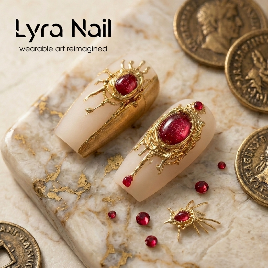 [AC-049]Regal Sovereign | Artisan Handmade Press On Nails | Baroque Gold & Crimson Ruby Palace Style with Heavy Filigree | Salon Quality, 7-10 Day Shipping