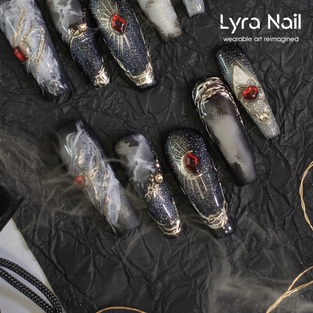 [AC-010]Gothic Metal | Artisan Handmade Press On Nails | Dark Metallic Cat-Eye with Silver Filigree & Ruby Accents | Salon Quality, 7-10 Day Shipping