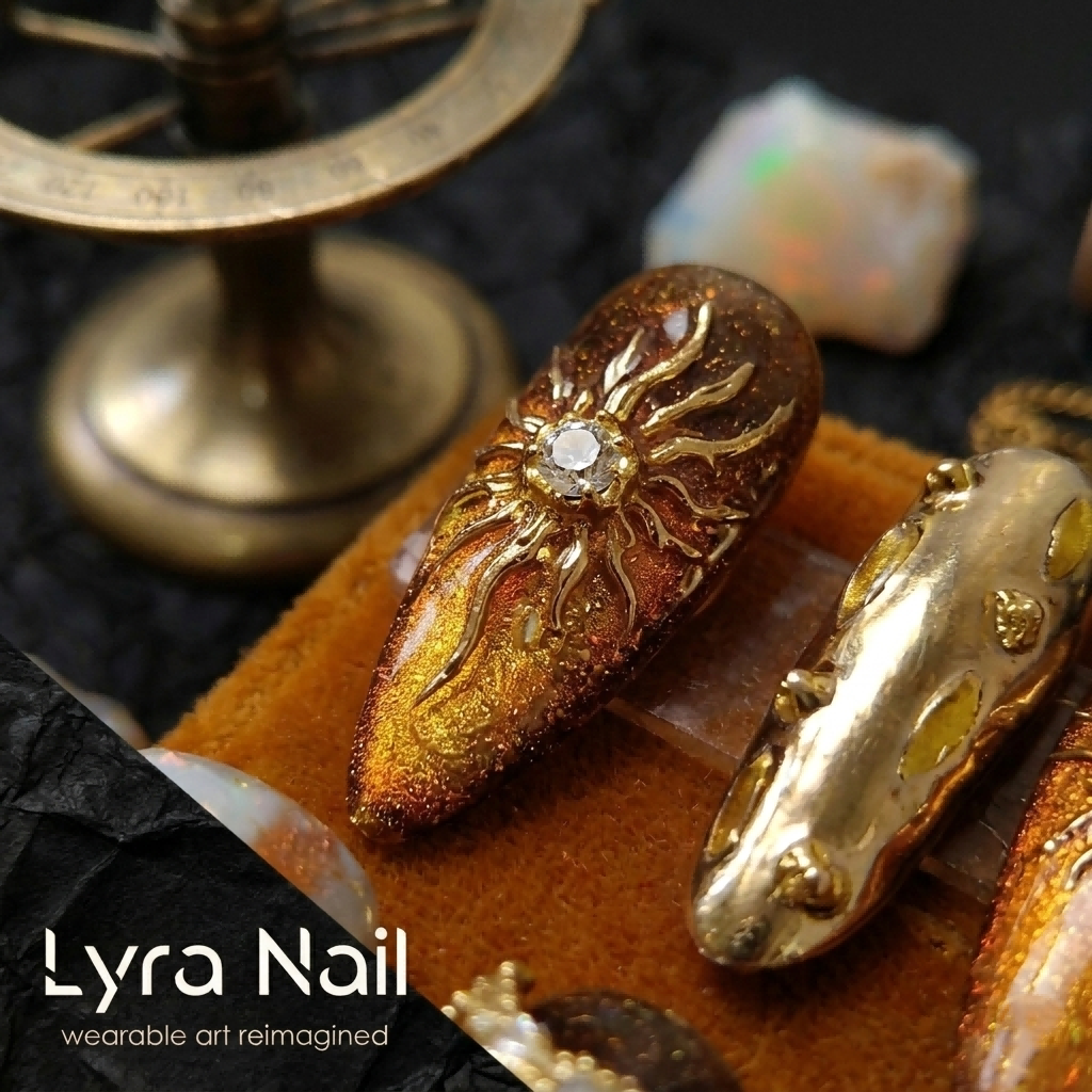 [AC-015]Apollo Sun Amber | Artisan Handmade Press On Nails | Golden Baroque Relief & Crystalline Acetate Stiletto | Salon Quality, 7-10 Day Shipping