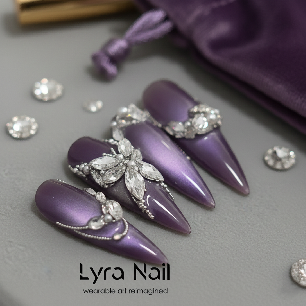 [AC-007]Violet Galaxy | Artisan Handmade Press On Nails | Luxury Deep Purple Cat-Eye with 3D Crystal Butterflies & Rhinestones | Salon Quality, 7-10 Day Shipping