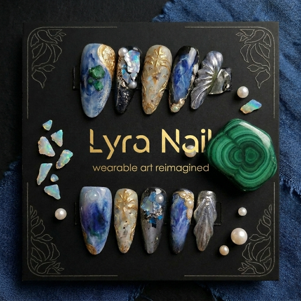 [AC-013]Mera's Wrath | Artisan Handmade Press On Nails | Deep Sea Oceanic Marble with 3D Shells & Gold Filigree | Salon Quality, 7-10 Day Shipping