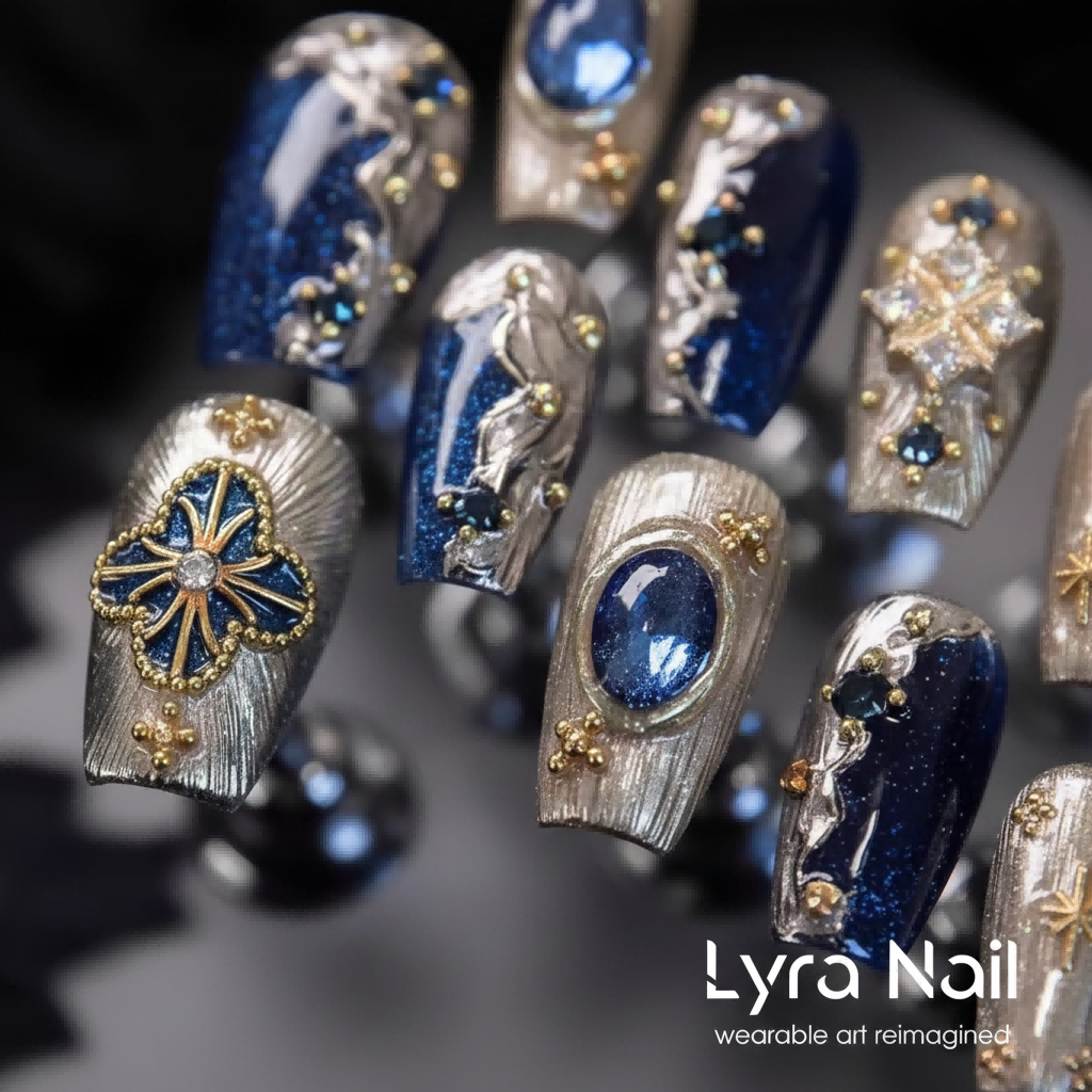 [AC-004]Sapphire Gaze | Artisan Handmade Press On Nails | Deep Blue Gemstones with Champagne Gold Silk Textures & Royal Jewels | Salon Quality, 7-10 Day Shipping
