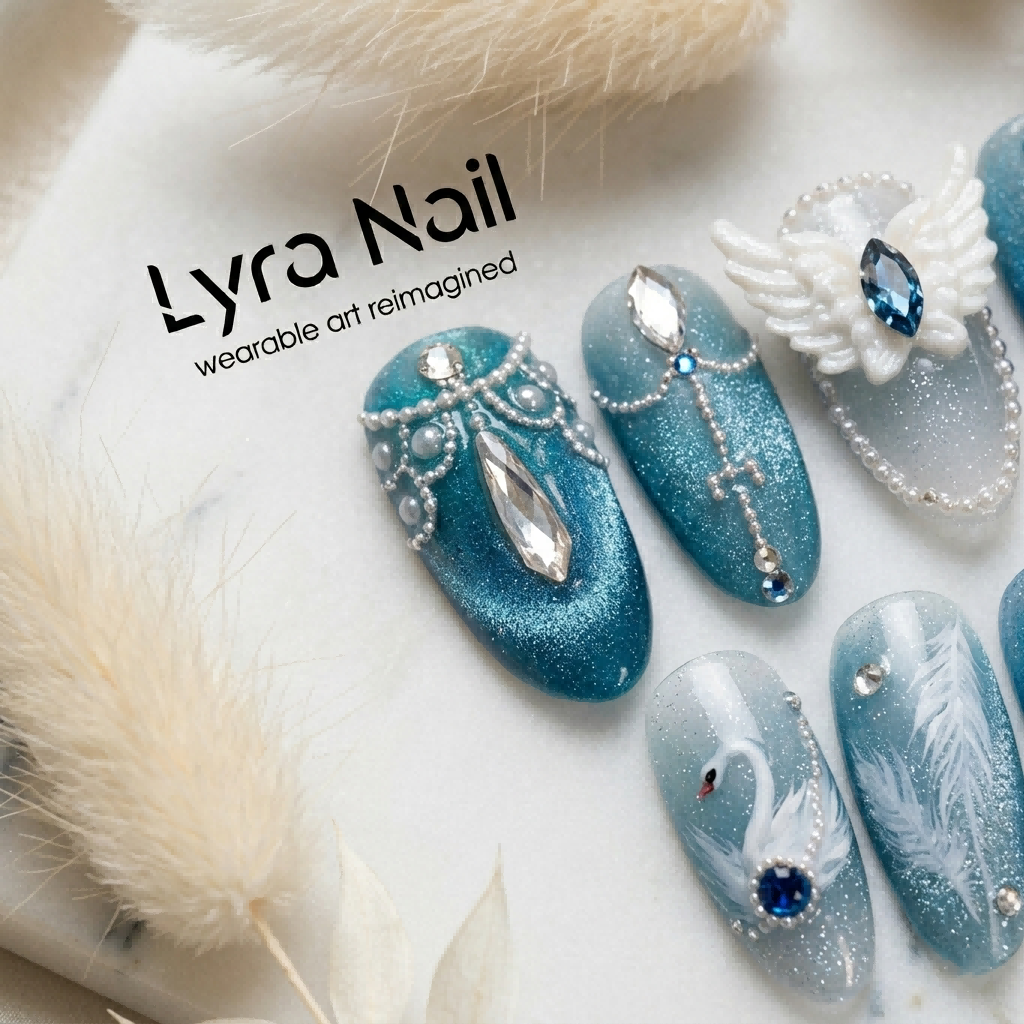 [AC-024]Swan Lake Serenity | Artisan Handmade Press On Nails | Hazy Blue Cat-Eye with 3D Angel Wings & Hand-Painted Feathers | Salon Quality, 7-10 Day Shipping