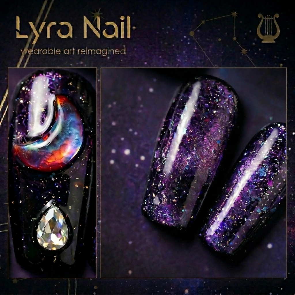 [AC-034]Medusa Purple Starlight | Artisan Handmade Press On Nails | Psychedelic Nebula Cat-Eye with Crimson Moon & Crystal | Salon Quality, 7-10 Day Shipping