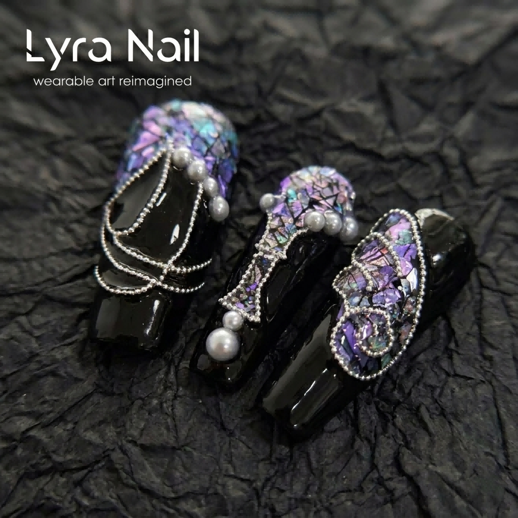 [AC-062]Midnight Raden | Artisan Handmade Press On Nails | Mystic Purple Pearl Mosaic & Faux Raden Shards with Luxury Pearl Chains & Baroque Reliefe | Salon Quality, 7-10 Day Shipping
