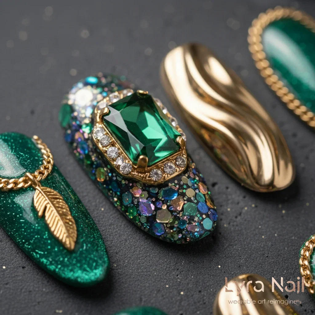 [AC-002]Emerald Jasmine | Artisan Handmade Press On Nails | Vintage European Court Style with Emerald Cat-Eye, Gold Accents & Royal Jewels | Salon Quality, 7-10 Day Shipping