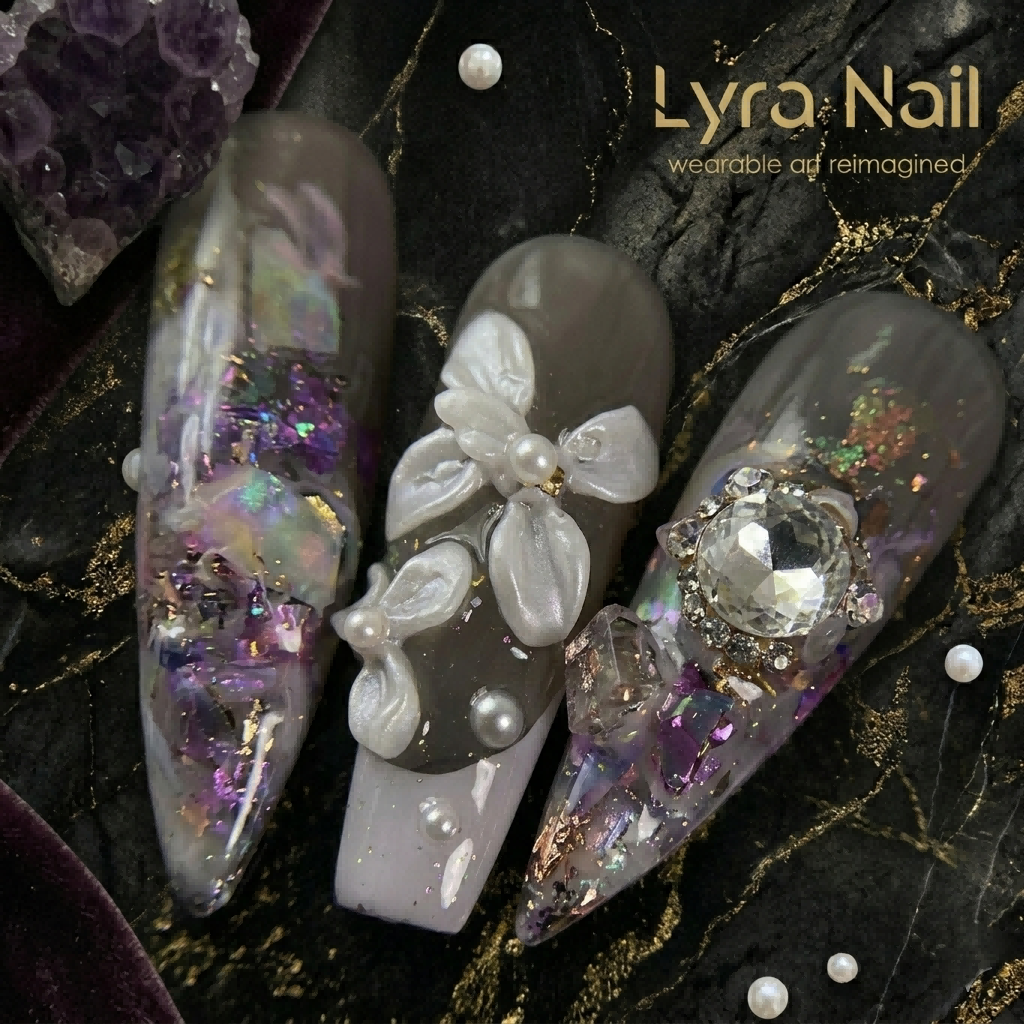 [AC-032]Cinderella Iris | Artisan Handmade Press On Nails | Winter Milk Tea Taro Purple with 3D Floral Accents | Salon Quality, 7-10 Day Shipping