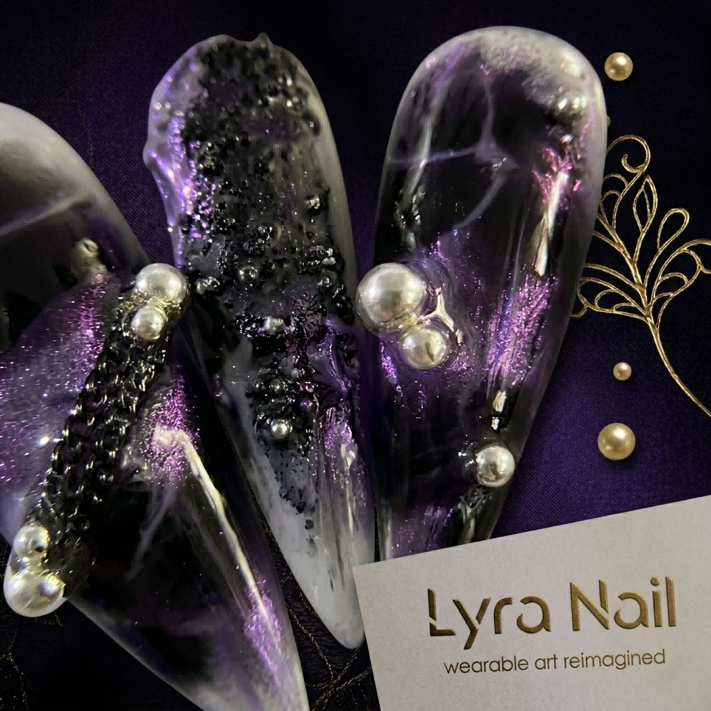 [AC-031]Phantom Blackcurrant | Artisan Handmade Press On Nails | Matte Dark Aesthetic Extra Long Stiletto with Crushed Stone | Salon Quality, 7-10 Day Shipping