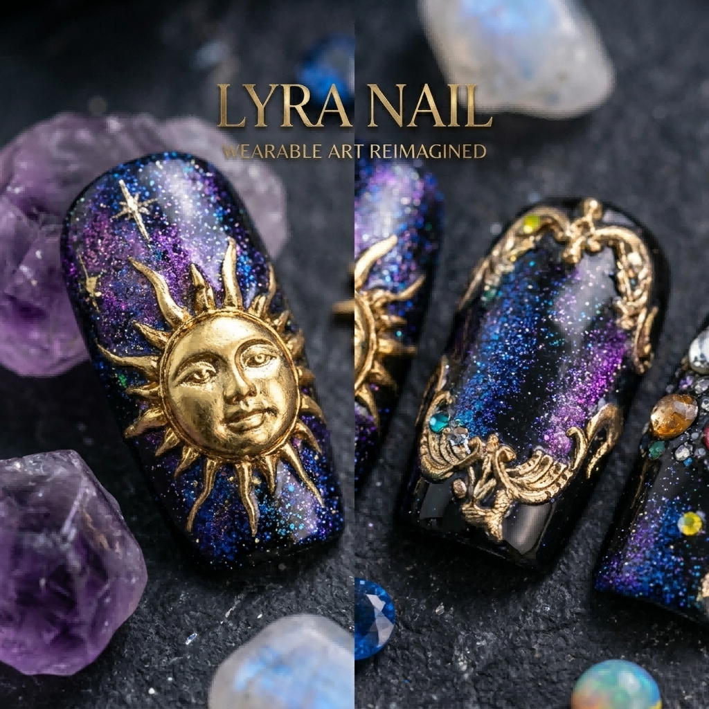 [AC-025]Twilight Cosmic Princess | Artisan Handmade Press On Nails | Baroque Gold Embossed Galaxy with Celestial Sun & Moon Charms | Salon Quality, 7-10 Day Shipping