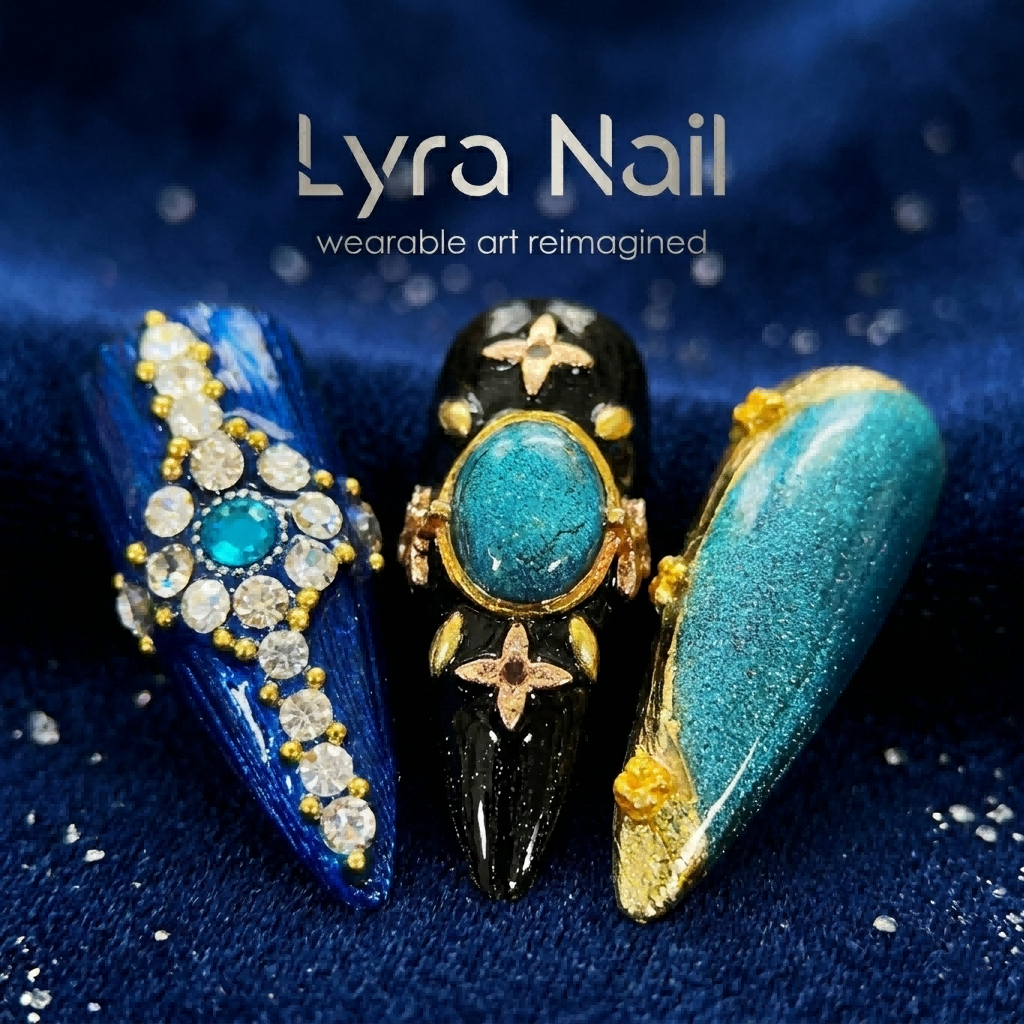 [AC-033]Mediterranean Buccellati | Artisan Handmade Press On Nails | Exotic Heavy Industry Full Diamond Stiletto with Contrast Jewel Inlay | Salon Quality, 7-10 Day Shipping