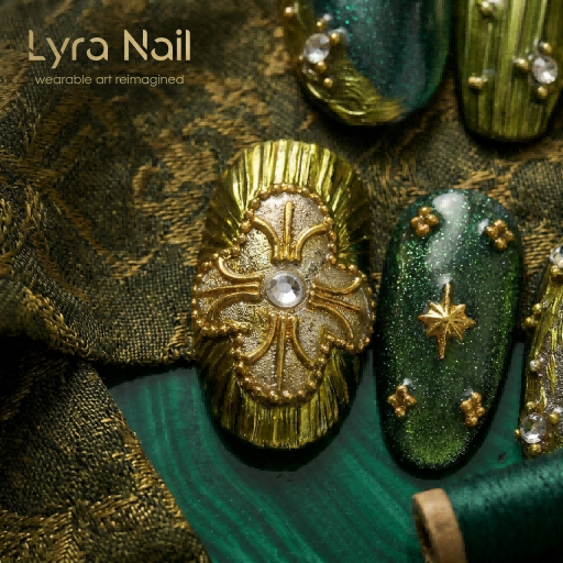 [AC-041]Green Pixie | Artisan Handmade Press On Nails | Vintage Emerald & Gold Cat-Eye with 3D Relief & Starry Accents | Salon Quality, 7-10 Day Shipping