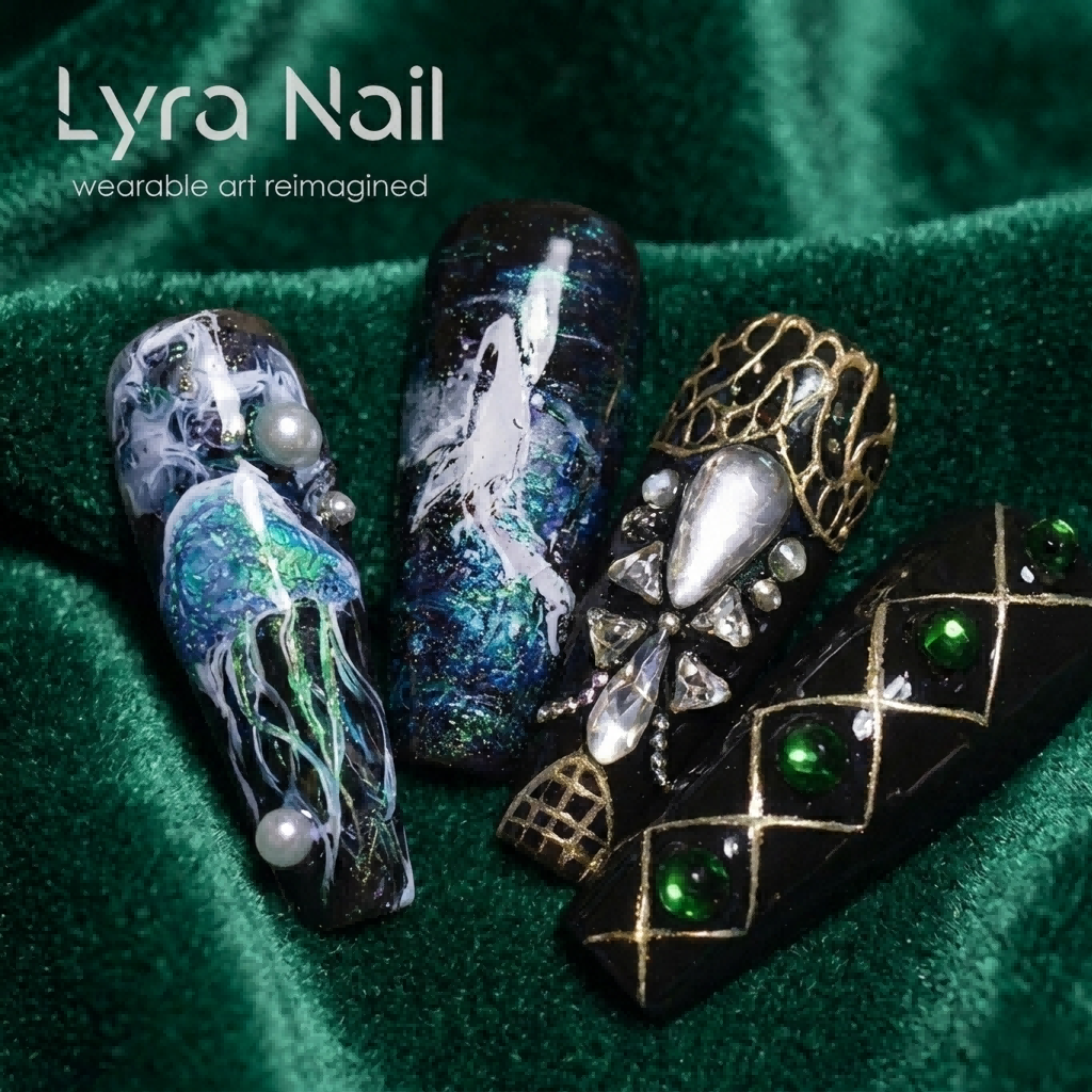 [AC-044]Oceanic Hymn | Artisan Handmade Press On Nails | Deep Sea Jellyfish & Whale Motifs with Sacred Temple Patterns & Pearl Accents | Salon Quality, 7-10 Day Shipping
