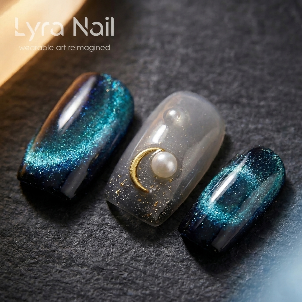 [AC-029]Midnight ESSE Mint | Artisan Handmade Press On Nails | Icy Galaxy Cat-Eye with Crescent Moon & Pearl Accents | Salon Quality, 7-10 Day Shipping