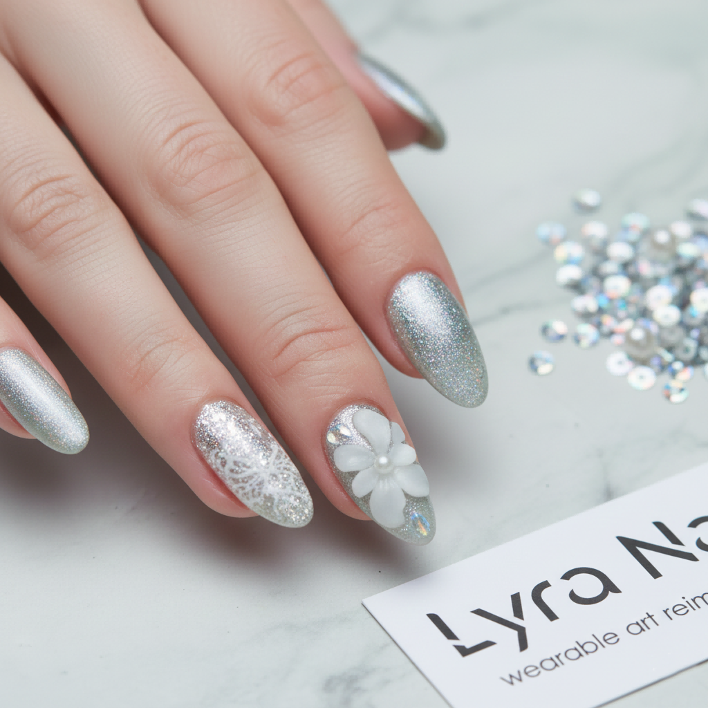 [AC-017]Moonlight Fairy | Artisan Handmade Press On Nails | Silver Cat-Eye Shimmer with 3D Hand-Sculpted Flowers | Salon Quality, 7-10 Day Shipping
