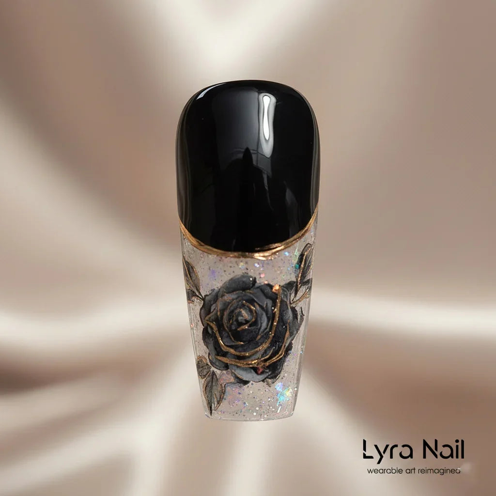 [AC-008]Theia Noir | Artisan Handmade Press On Nails | French Milky Opaque with Gold-Stamped Black Roses & Ink Watercolor | Salon Quality, 7-10 Day Shipping