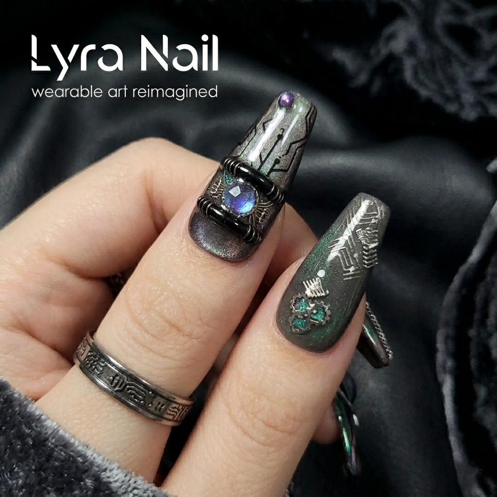 [AC-058]Cyber AI Gaze | Artisan Handmade Press On Nails | Galactic Purple & Blue Cat-Eye with Tech-Noir Mechanical Engravings | Salon Quality, 7-10 Day Shipping