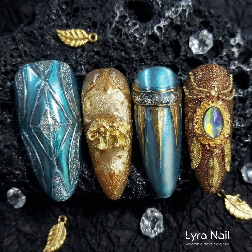 [AC-014]Jasmine's Palace | Artisan Handmade Press On Nails | Regal Gold Embossed with Exotic Teal Cat-Eye | Salon Quality, 7-10 Day Shipping