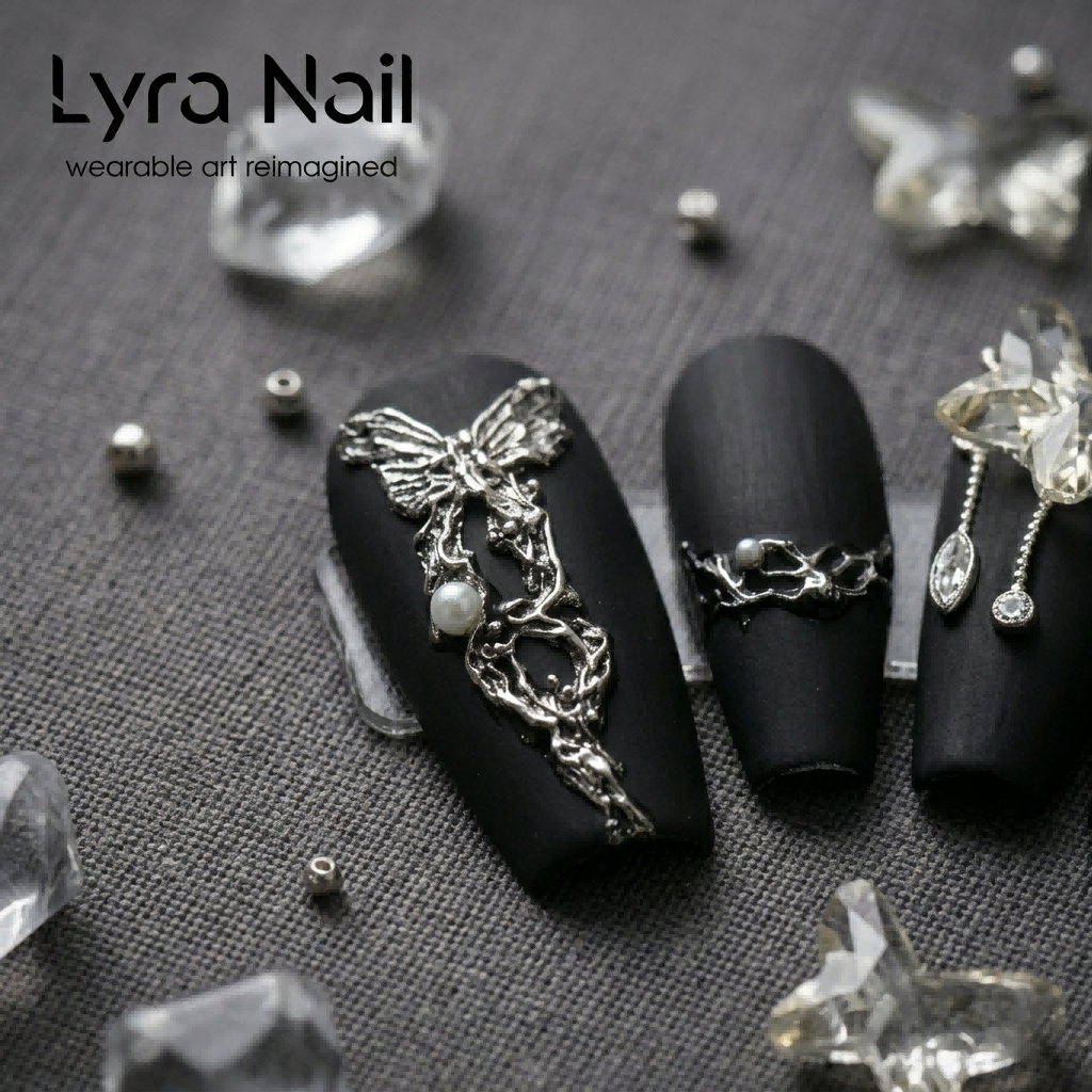 [AC-052]Thorn Butterfly | Artisan Handmade Press On Nails | Dark Silver Chrome & Aurora Swallowtail Wings with Goth Rhinestones | Salon Quality, 7-10 Day Shipping