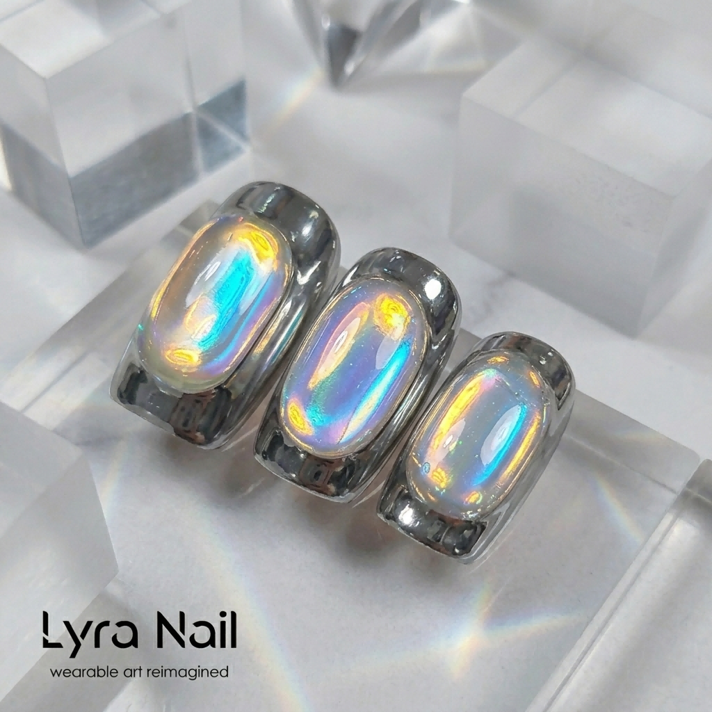 [AC-021]Aura Beam Bulb | Artisan Handmade Press On Nails | Bling Laser Ice Cube Holographic Chrome | Salon Quality, 7-10 Day Shipping