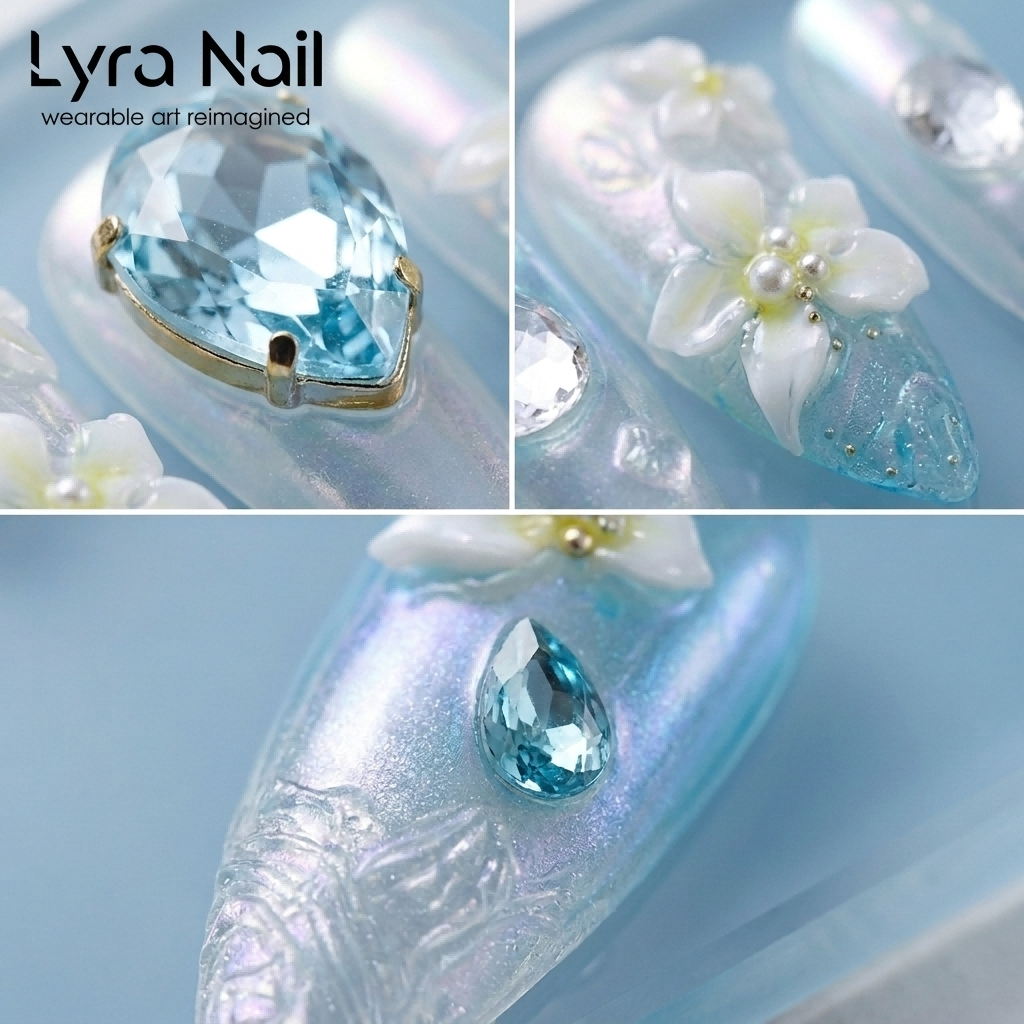 [AC-042]Thai Sparkling Cider | Artisan Handmade Press On Nails | Ice-Blue Jelly Gradient with Bubble Textures & Crystal Droplets | Salon Quality, 7-10 Day Shipping