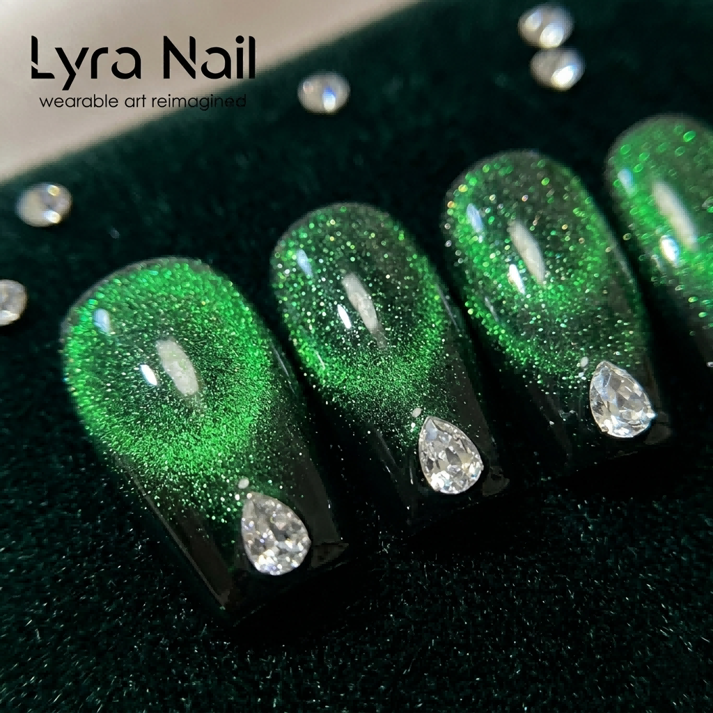 [AC-045]Emerald Sorceress | Artisan Handmade Press On Nails | Deep Magic Green Cat-Eye with Teardrop Diamond Accents | Salon Quality, 7-10 Day Shipping