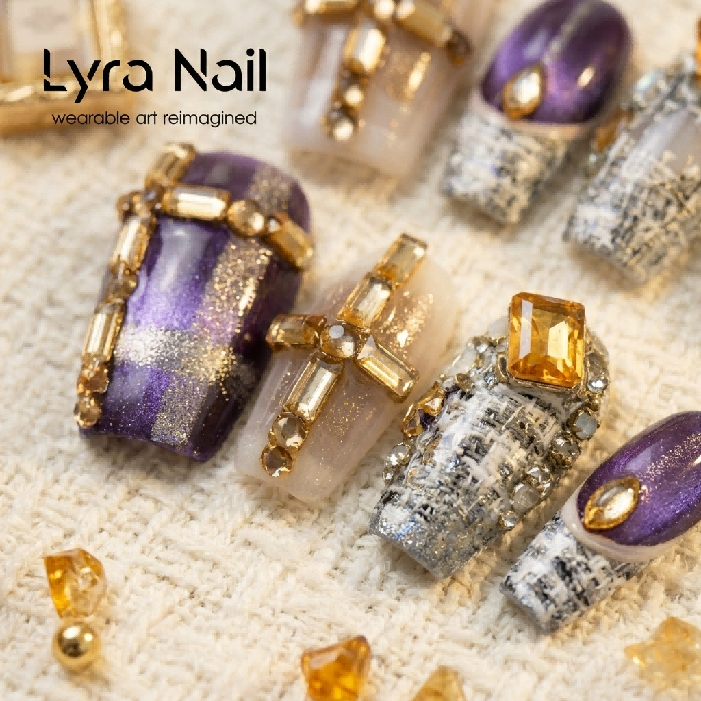[AC-050]Vintage Tweed Heiress | Artisan Handmade Press On Nails | Powder Purple & Ivory Tweed with Champagne Gold Luxury Crosses | Salon Quality, 7-10 Day Shipping