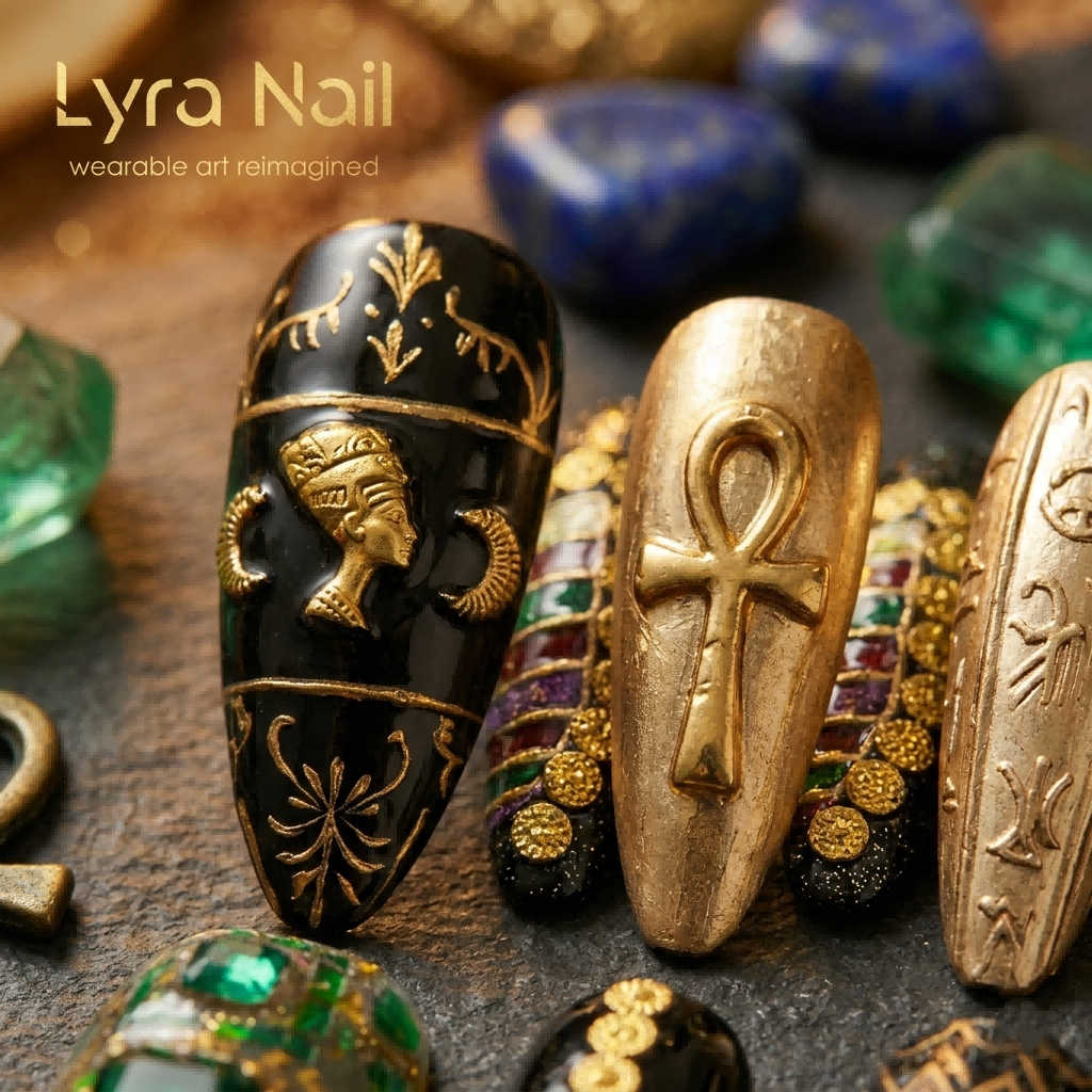 [AC-051]Emerald Cleopatra | Artisan Handmade Press On Nails | Vintage Luxury Emeralds with Buccellati Gold Filigree & Dragon Chains | Salon Quality, 7-10 Day Shipping