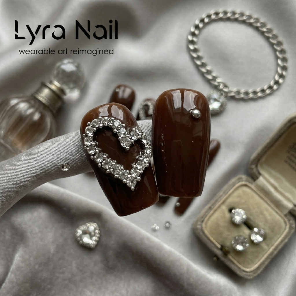 [AC-054]Mocha Caramel Heart | Artisan Handmade Press On Nails | Soft Autumn/Winter Milk Tea Amber with Double-Row Rhinestone Love Hearts | Salon Quality, 7-10 Day Shipping