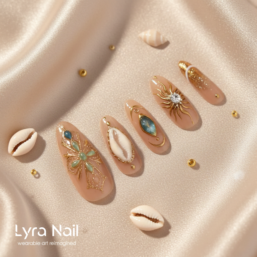 [AC-003]Desert Deity | Artisan Handmade Press On Nails | Ancient Egyptian Temple Motifs with Sun God Symbols, Sea Coconuts & Golden Filigree | Salon Quality, 7-10 Day Shipping
